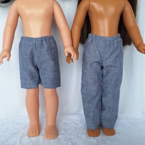 14 &quot; Dolls PANTS Chambray Pants or Shorts-fits 14-15&quot; dolls like AG Wellie Wishers, Glitter Girls - wardrobe basic pull on lightweight jeans