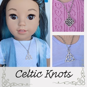 CELTIC KNOT Doll Necklace - fits 18" dolls - Silver tone Irish pendant, Gaelic charm, square or triangle-shaped