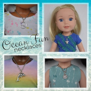 May include: Four images of dolls wearing necklaces with ocean-themed charms. The charms include a wave, a turtle, a dolphin, and a seashell. The text "Ocean Fun necklaces" is displayed on the image.