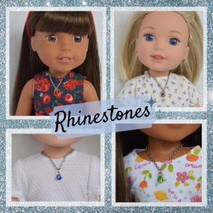 May include: Four dolls wearing rhinestone necklaces are displayed in a collage. Each doll has a different skin tone and hair color. The necklaces feature various colored rhinestones. The word "Rhinestones" is written across the center of the image.