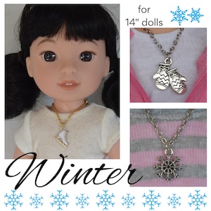May include: A doll wearing a gold chain necklace with a white ice skate pendant. The image also shows two other necklaces with winter-themed pendants: a pair of mittens and a snowflake. The word "Winter" is written in cursive.