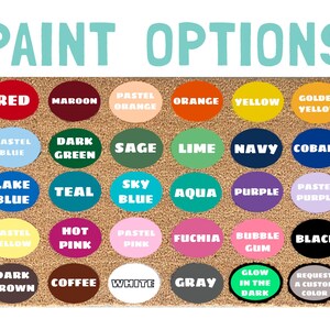 a variety of paint color options, including red, maroon, orange, yellow, green, dark blue, green, lime, navy, cobalt, teal, blue, purple, pink, teal, aqua, purple, pink, hot pink, fuchsia, bubble gum, black, and gray.
