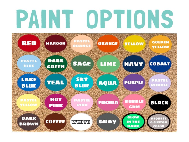 a variety of paint color options, including red, maroon, orange, yellow, green, dark blue, green, lime, navy, cobalt, teal, blue, purple, pink, teal, aqua, purple, pink, hot pink, fuchsia, bubble gum, black, and gray.