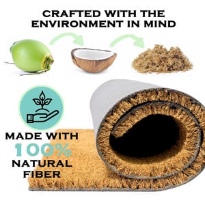 The image is a collage of three images depicting the process of creating a natural fiber material, likely a mat or rug, using coconut husks and a palm tree.