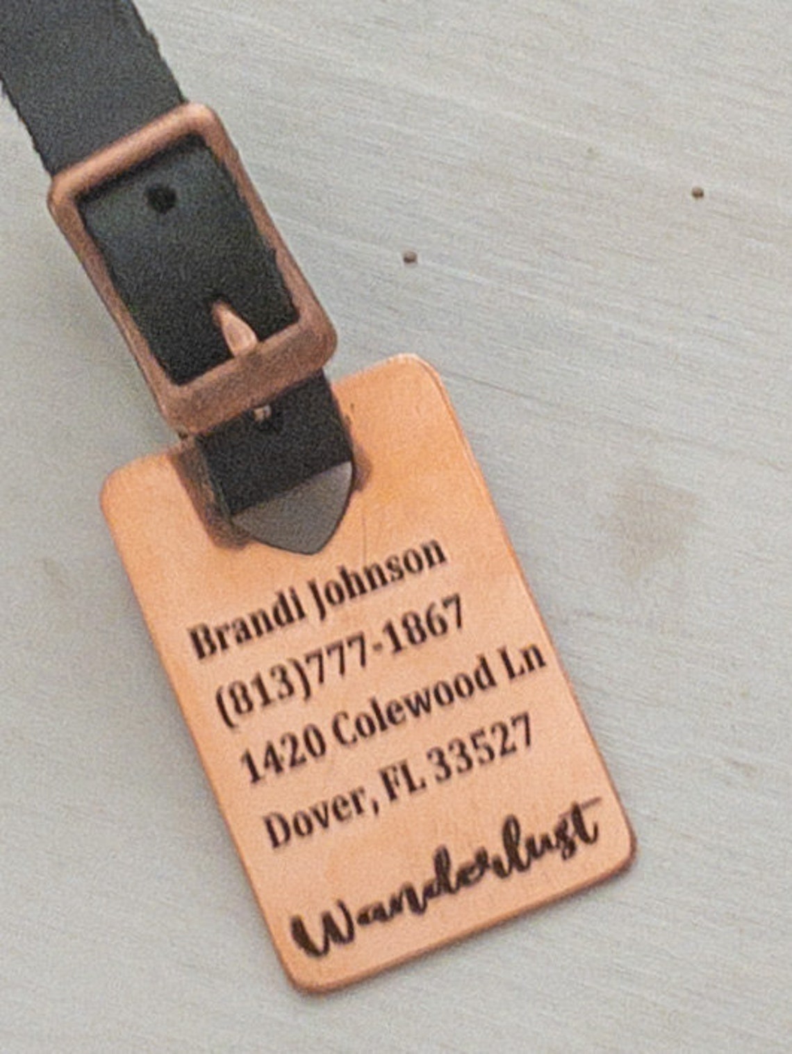 Laser Engraved Copper Luggage Tag, Copper Name Plate, Leather Attachment, Sturdy Travel Luggage