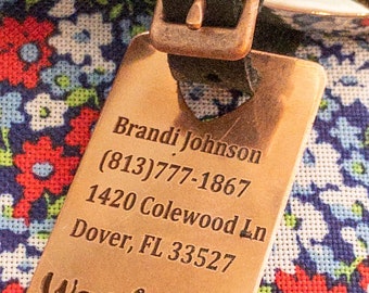 Laser engraved Copper Luggage tag, Copper Name Plate, Leather attachment, Sturdy Travel Luggage Marker