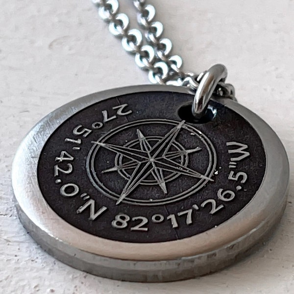 Men's Compass Star Custom Coordinates Pendant with Stainless Chain -handwriting or quote on the back