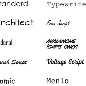 May include: A graphic showing different font styles, including Standard, Typewriter, Architect, Free Script, Federal, Avalanche (CAPS ONLY), Brush Script, Voltage Script, Comic, and Menlo.