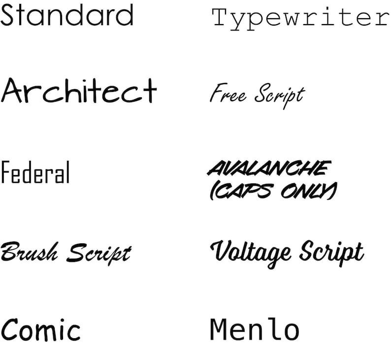 May include: A graphic showing different font styles, including Standard, Typewriter, Architect, Free Script, Federal, Avalanche (CAPS ONLY), Brush Script, Voltage Script, Comic, and Menlo.