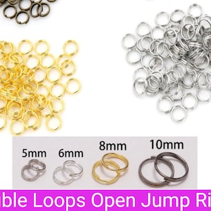 Puede incluir: Surtido de anillos de salto abiertos en varios tamaños y colores, incluyendo oro, plata y bronce. Los anillos tienen un diámetro de 5 mm, 6 mm, 8 mm y 10 mm.  Anillos de salto abiertos de doble bucle.
