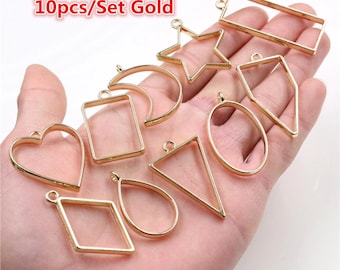 10pcs/lot Gold Color Geometric Figure Charm Hollow Glue Blank Pendant Tray Bezel Charms DIY Handmade Bezel Mold