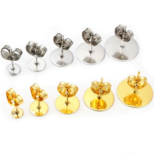 50-100 unids/lote, pendientes dorados de acero inoxidable, pasadores de Base de poste en blanco con hallazgos de tapón de pendiente, parte posterior de la oreja para la fabricación de joyas DIY