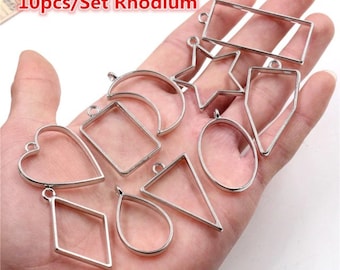 10pcs/lot Rhodium Color Geometric Figure Charm Hollow Glue Blank Pendant Tray Bezel Charms DIY Handmade Bezel Mold