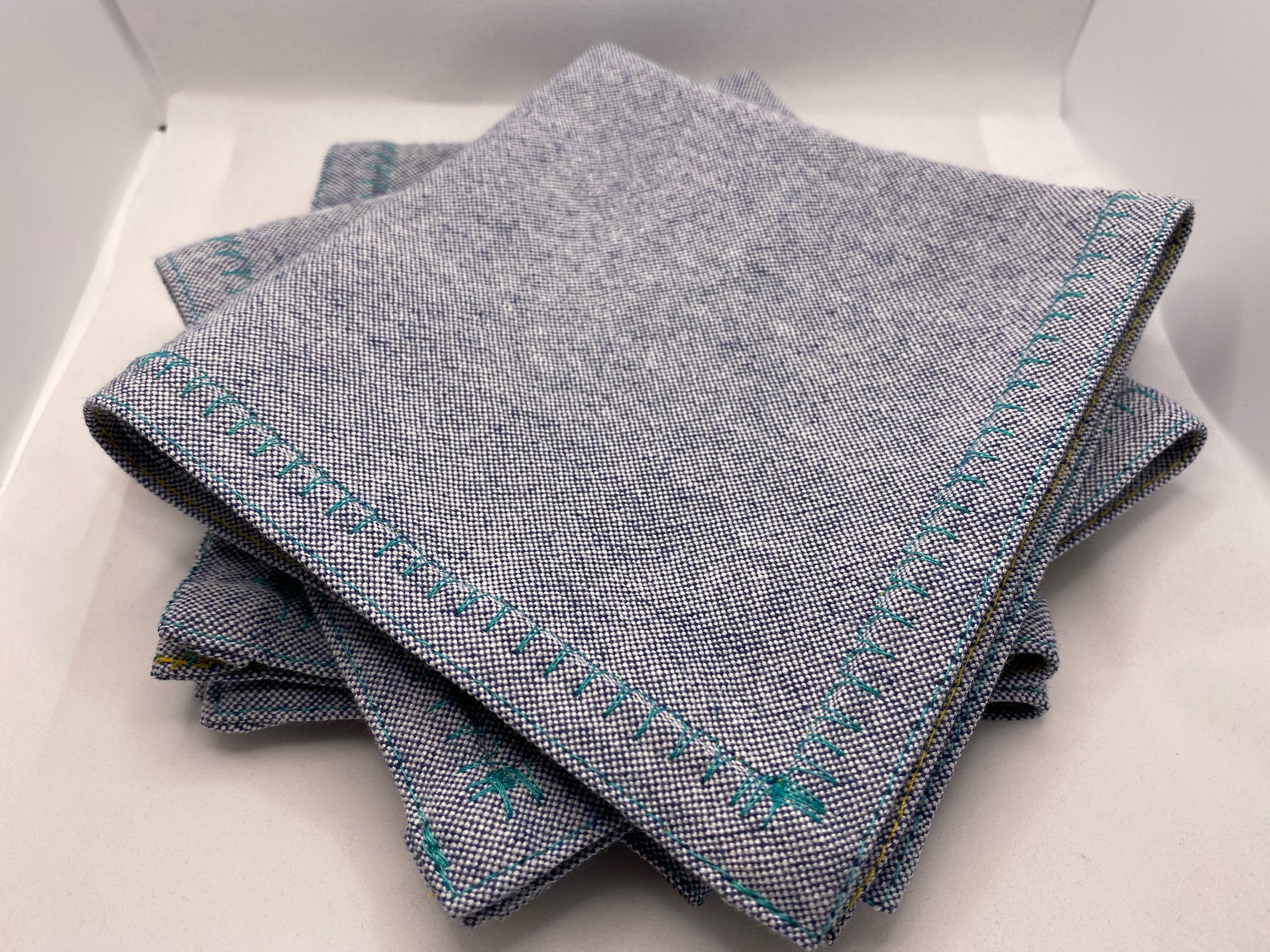 Chambray Cocktail Napkins Teal Stitching Etsy España