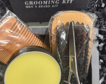 Beard Grooming Gift Set: 100% Natural Beard Balm, Comb, Brush & Scissors