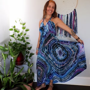 Low Back Halter Dress - Size Medium - Tie Dye Ice Dye Hand Dyed - Sleeveless Halter Dress Hippie Boho Open-Back Low Back Maxi Dress