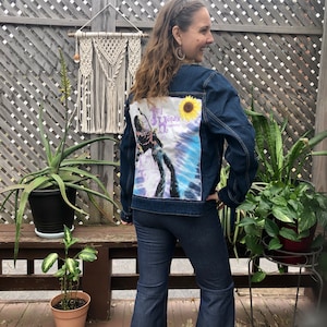 Upcycled Jimi Hendrix Denim Jacket with Large Jimi Back Patch & Handmade Sunflower Patches - Women&#39;s Size Large - One of a Kind Hippie Boho