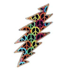 May include: A colorful embroidered patch in the shape of a lightning bolt. The patch features a black background with a pattern of peace symbols in various colors, including yellow, green, and purple. The edges are outlined in orange.