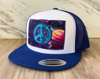 Retro Hippie Trucker Cap - Peace, Love, Bloom Patchwork Hat  display picture 1
