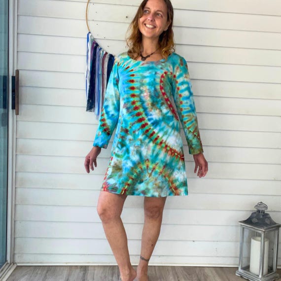 knee length dresses for ladies Hand-Dyed Cold Shoulder Long Sleeve Dress | Tie Dye Boho main image 1