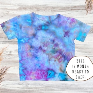 Ice Dyed Baby Tee Shirt | Size 12 Month | Gemstones Handmade Unique Kids Outfit | Short Sleeve 100% Cotton | Tie Dye Hand Dyed Ice Dyed