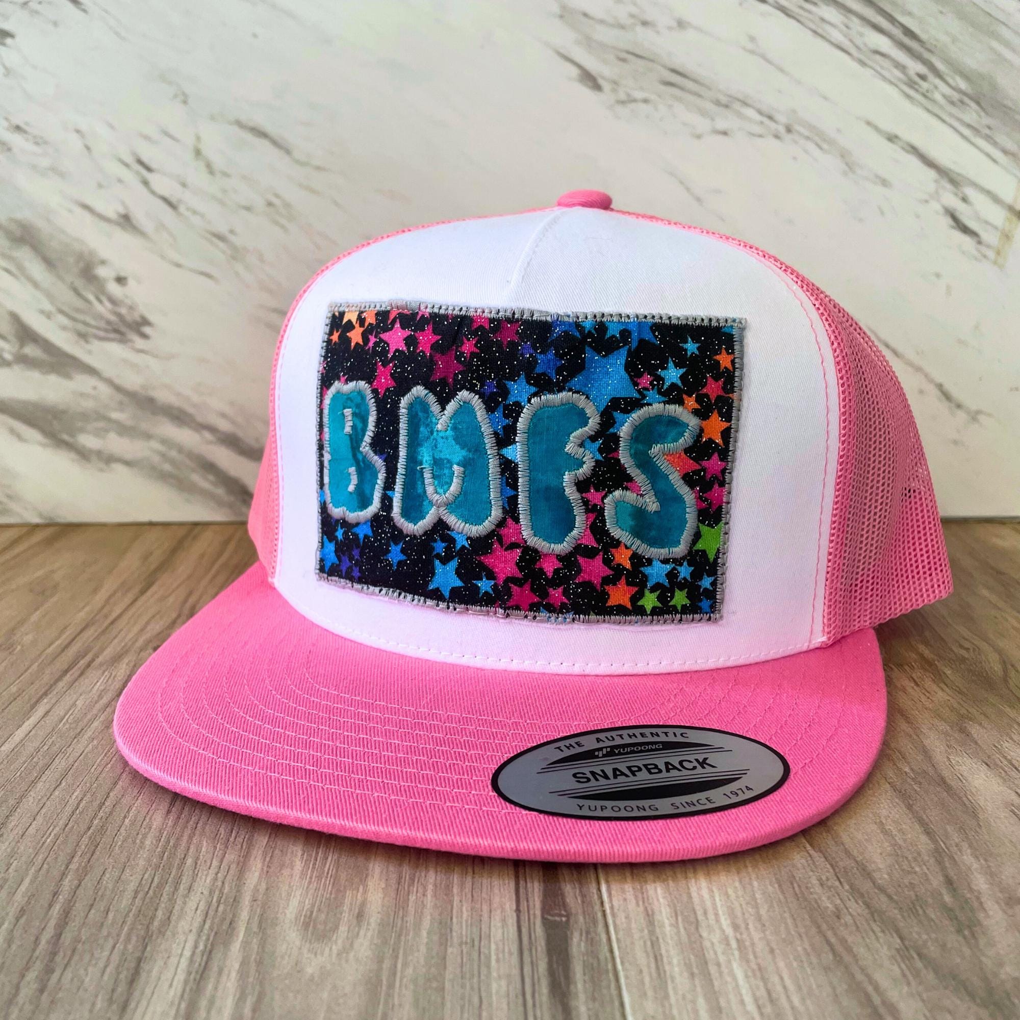 Pink Trucker Hat with Abstract Patch Acrylic Laser-Engraved USA Heart Patch - Hot Pink/ White  main image 2