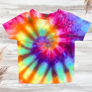 Ice Dyed Kids Tee Shirt | Rainbow Spiral | Baby Toddler Youth Sizes | Handmade Unique Kids Outfit | Short Sleeve 100% Cotton | Tie Dye