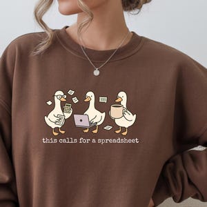 May include: A brown sweatshirt with a graphic of three cartoon ducks, each holding a calculator, laptop, and coffee cup. The text "this calls for a spreadsheet" is below the ducks. The sweatshirt is a solid color.