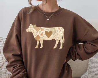 Felpa patchwork con mucca, pullover rustico con mucca floreale, girocollo con mucca a quadretti terrosi, regalo per gli amanti delle mucche da fattoria, top accogliente per la fattoria