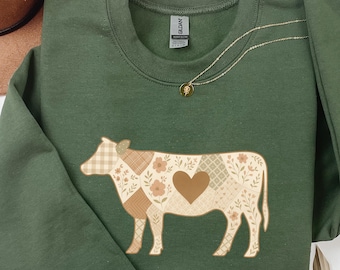 Felpa patchwork con mucca, pullover rustico con mucca floreale, girocollo con mucca a quadretti terrosi, regalo per gli amanti delle mucche da fattoria, top accogliente per la fattoria