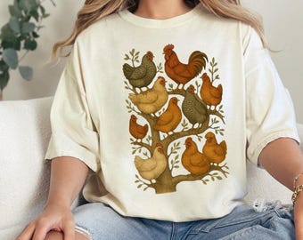 Camiseta retro de pollos, camiseta bohemia de pollos, camiseta gráfica vintage de granja, regalo rústico para amantes de las aves de corral, regalo para amantes de los pollos