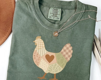 Shirt kip patchwork, shirt kipliefhebber, cadeau voor kipdame, T-shirt boerderij kip, shirt cottagecore kip, comfortabele kleuren