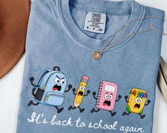 Funny Back To School Teacher Shirt, Comfort Colors Teacher Tee, It's Back To School Again, Cute School Supplies Teacher Gift