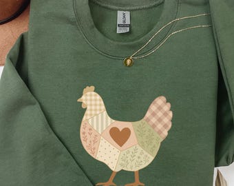 Patchwork Chicken Sweatshirt Gildan, Rustic Farmhouse Hen Pullover, Cozy Chicken Lover Gift, Homestead Chicken Lover Crewneck