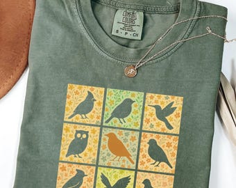 Boho Bird Shirt, Comfort Colors Birdwatching Tee, Vintage Floral Bird Cutout Shirt, Nature Lover Gift, Bohemian Birdwatcher Top, Fall Shirt