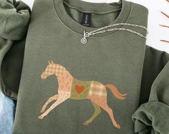 Sweatshirt mit Patchwork-Pferdemotiv, rustikales Geschenk für Pferdeliebhaber, gemütlicher Western-Pullover im Landhausstil, Country-Rundhalsausschnitt für Mädchen, Frauen und Männer