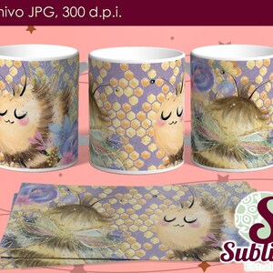 Digitaal ontwerp van 3 kopjes Bijen voor sublimatie, Digital desing template voor 3 Little bees mug, sublimatie JPG