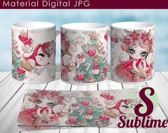 Design Pack of 3 mugs Christmas Digital Angels for sublimation, template 3 mug Angels Christmas JPG