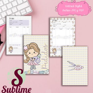 Puede incluir: Una descarga digital imprimible para un negocio de manualidades o papelería. La imagen muestra un fondo a rayas rosa y amarillo con un hada de dibujos animados sosteniendo unas tijeras. El texto "Pedidos" está escrito en una pancarta amarilla. La imagen también incluye un formulario de pedido imprimible con la palabra "Pedido" en la parte superior.