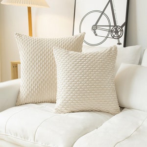 Set of 2 Boho Cream Pillow Covers Striped Corduroy Plush Velvet