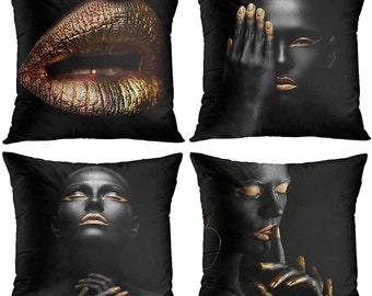 Set Of 4 Throw Pillow Cover Modern Black and Gold Lip Fingers Face African Women Ethnic Tribe Decorative Pillow Cases Home Decor 18x18 inche