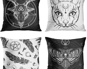 Set of 4 Pillow Cases Decorative Throw Pillow Covers 18x18 Inches Home Decor Pillow forBed Sofa Cushion Couch Outdoor Capricorn Cat Feather