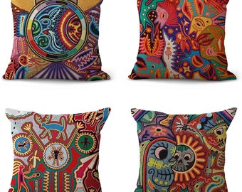 All Smiles Colorful Christmas Throw Pillow Covers Red Gold Vintage Holiday Cushion Decorative Religious Mexican Home Decor 18X18 Set of 4 Xmas Decorations with Tree Gifts for Sofa Couch