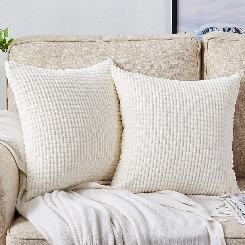 White Cream Pillow Covers 2 Sets Decorative White Throw Pillow Covers 18x18 Inch Soft Corduroy Cushion Covers Corn Striped Home Decor Couch image 1