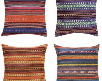 Set Of 4 Decorative Throw Pillow Cover for Couch Sofa Bed Bohemian Retro Stripe Cotton Blend Linen Pillow Case 18x18 In (Only Pillow Cover )