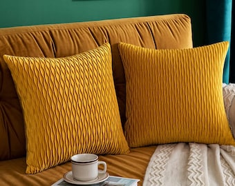 Set Of 2 Decorative Throw Pillow Covers , Velvet Striped Pillow Cases Accent Soft Cushion Cases for Sofa Couch Bedroom, 18x18  Gold Cushion