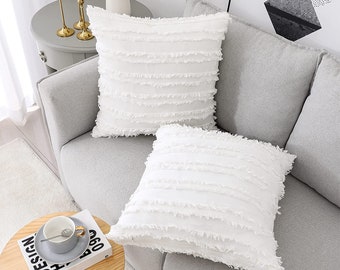 Set of 2 Decorative 18x18 Linen Striped Jacquard Pattern Cushion Covers for Sofa Couch Living Room Bedroom Boho Ivory White Pillow Covers