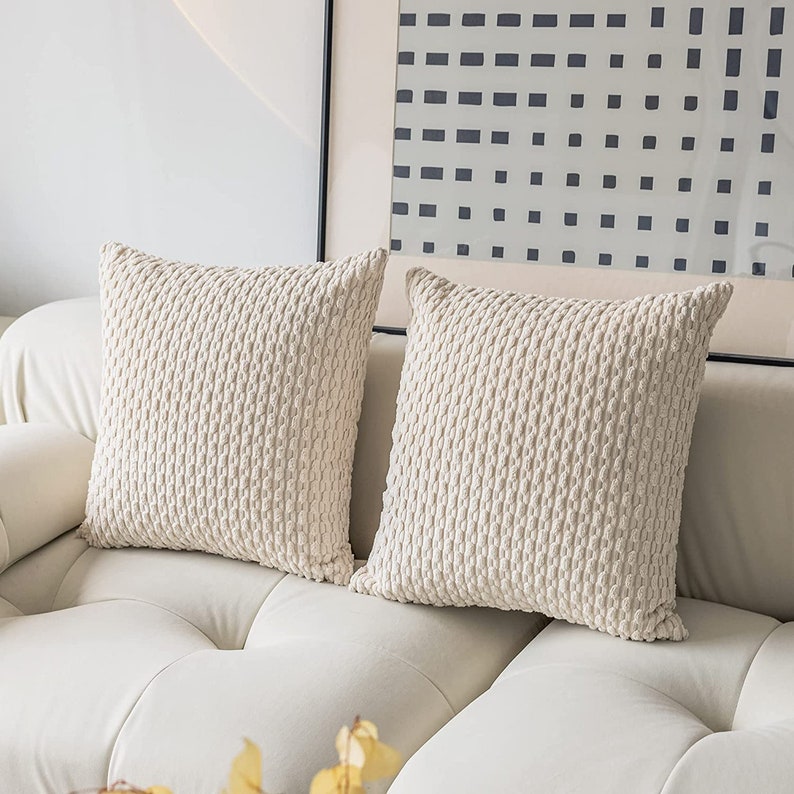 Set of 2 Boho Cream Pillow Covers Striped Corduroy Plush Etsy