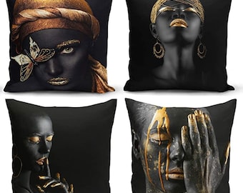 Set Of 4 Throw Pillow Cover - Photograph Pattern Square Cushion Cover Woman Throw Pillow Case African American Girl Decorative Accent Pillow