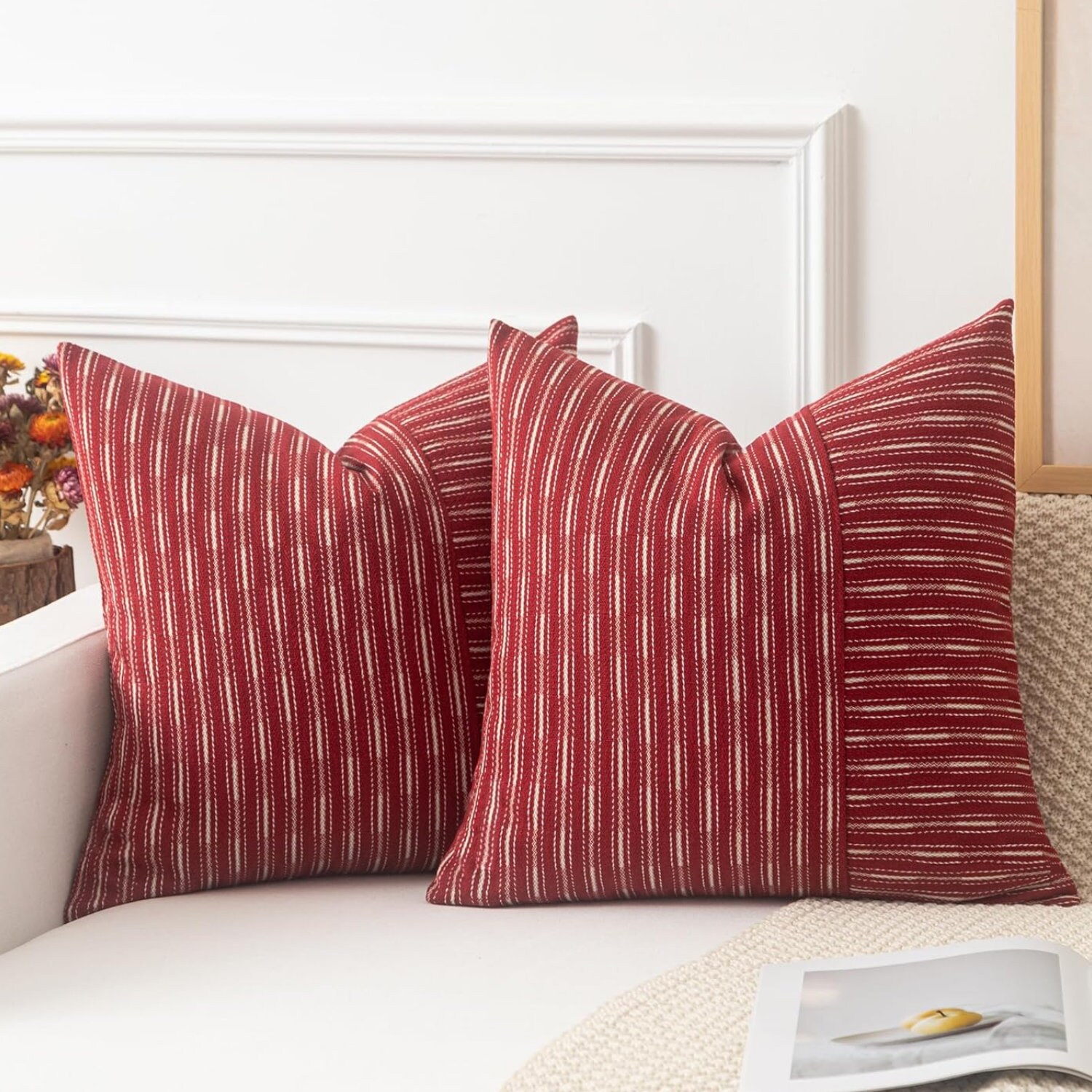 2pcs Throw Pillows With Inserts Included, With Velvet Striped Pillow  Covers, Red Throw Pillow For Farmhouse Sofa Couch Home Decor